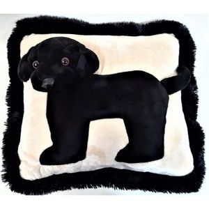 Jaag Plush Black & White Ivory Cream Dog Puppy Decorative Throw Pillow w/ Fringe